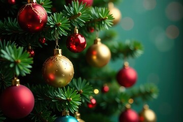 Evergreen foliage surrounds colorful ornaments, Christmas, ornaments hanging, tree decoration