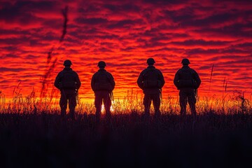 Three soldiers, clad in dark uniforms, stood rigidly in formation, their backs to the viewer, silhouetted against a fiery sunset, a stark reminder of their unwavering duty and the vastness of 
