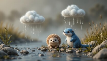 Adorable Otter and Hedgehog Friends Under Rainy Clouds by a Creek