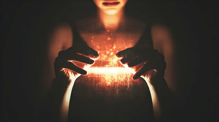 Mystical Hands Enveloping Glowing Energy, Creating a Fiery Aura of Power & Magic.  A Person Holds an Ethereal Light, Mysteriously.