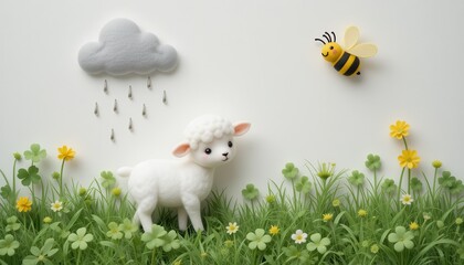 Adorable Lamb in Spring Meadow with Rain Clouds and Bee