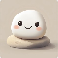 Cute cartoon character with a big smile on its face is sitting on a rock. The image has a lighthearted