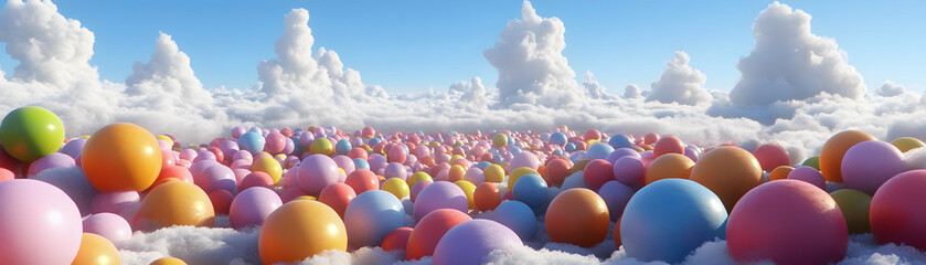 Pastel Eggscape, A Colorful Field of Eggs on Clouds