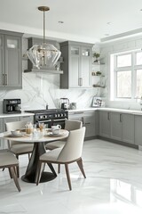 Modern grey kitchen, marble countertops, breakfast nook, bright window, home design