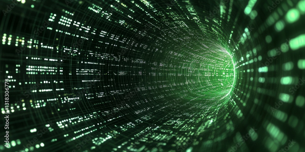 Poster a striking abstract image of a futuristic digital tunnel filled with glowing green data streams, cre
