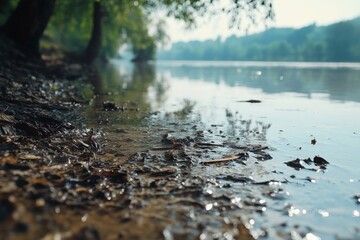 Fototapeta premium A peaceful riverbank scene at sunrise showcasing sparkling water, fallen leaves, and tree reflections, encapsulating the beauty of serene nature.