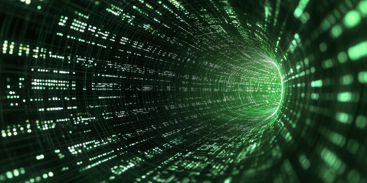 A striking abstract image of a futuristic digital tunnel filled with glowing green data streams, creating a sense of depth and motion in a vibrant environment.
