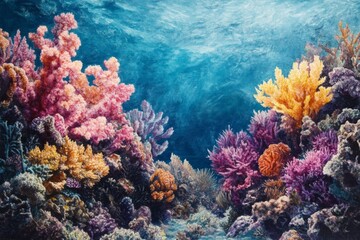 Obraz premium Explore a vibrant underwater scene featuring a stunning coral reef filled with colorful coral formations and diverse marine life, capturing the essence of ocean beauty.
