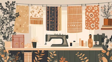 An artistic and intricate bohemian flat illustration celebrating National Textile Day, showcasing a dreamy textile marketplace with floating fabric banners, vintage sewing machines, and hand-stitched