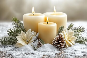 Snowy winter candlescape with poinsettias