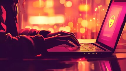 International World Password Day celebration, flat illustration of a person typing a secure password on a laptop, with a shield icon and glowing padlock in the background, vibrant and harmonious color