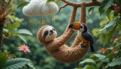 Adorable Sloth and Toucan Friends Hanging on a Tree Branch under a Fluffy Cloud Rain