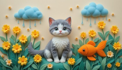 Adorable Kitten in a Flower Garden with Goldfish under Rainy Clouds