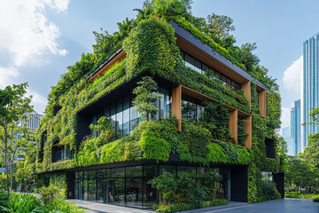Green building with plants growing on the side, under a bright blue sky.