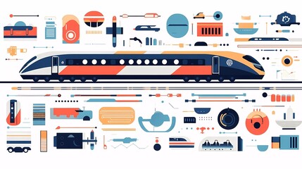 Naklejka premium Flat illustration of various train icons and symbols arranged in a creative pattern, with a clean and modern aesthetic and a harmonious color scheme.
