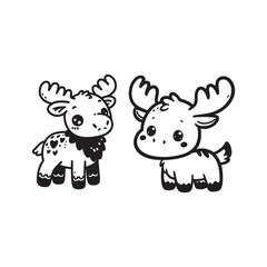 Set of a black and white illustration of small moose, perfect for a coloring book. vector
