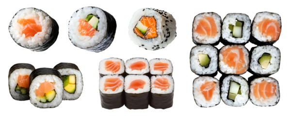 Collection set of Maki roll sushi, many ingredient angles and view side top front heap, tuna salmon seaweed cucumber avocado on transparent cutout, PNG file. Mockup template for artwork design