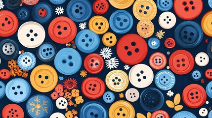 Fototapeta premium Flat illustration of Hurray for Buttons Day, showcasing a playful scene of colorful buttons in various shapes and sizes, arranged in creative patterns, with a harmonious and unique color palette of re