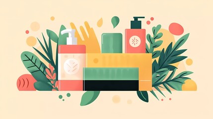 Flat illustration of World Hand Hygiene Day, featuring a creative layout of hygiene elements like soap bars, sanitizers, and clean hands, with a harmonious blend of vibrant and muted tones, modern and