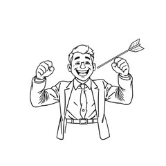 Continuous one line drawing of happy businessman clenching fists with arrow hitting bullseye, business goal accomplishment concept, single line art