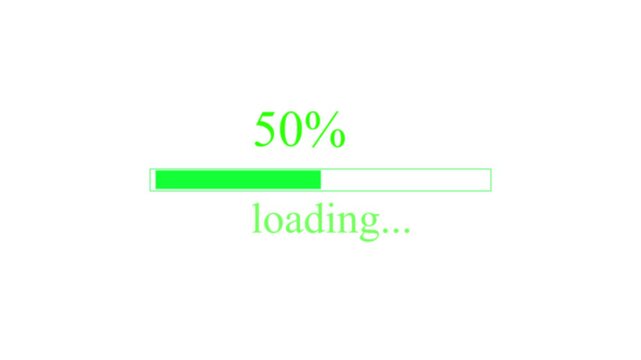 Gradient green loading bar animation, loading bar 0-100 on white background.