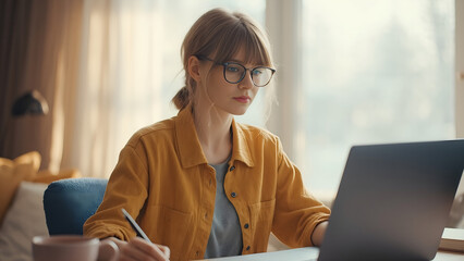 Woman with glasses is working remotely from home using a laptop while taking notes during daytime.