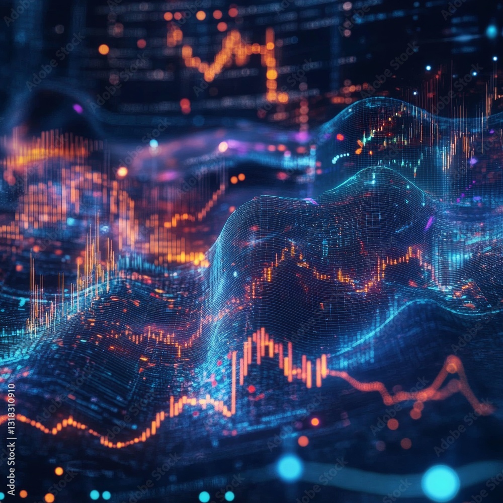 Poster explore a vibrant data visualization featuring dynamic graphs and flowing lines. this abstract image