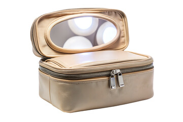 Beige led lighted travel makeup case isolated on a white background