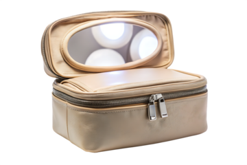 Beige led lighted travel makeup case isolated on a white background