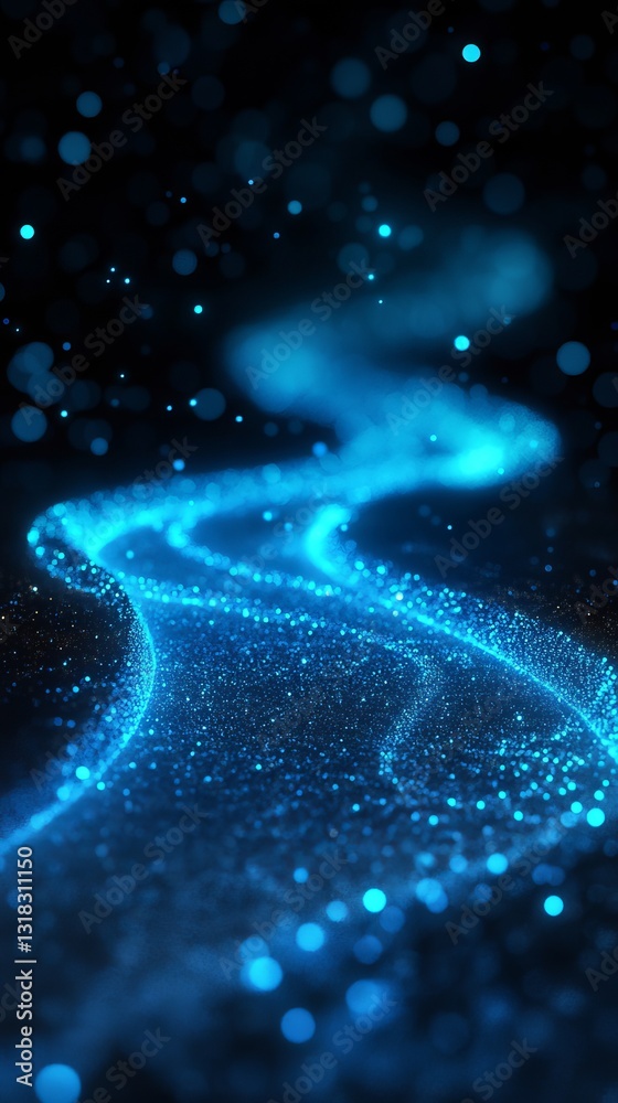Poster this mesmerizing image features a stream of sparkling blue particles flowing across a dark backgroun