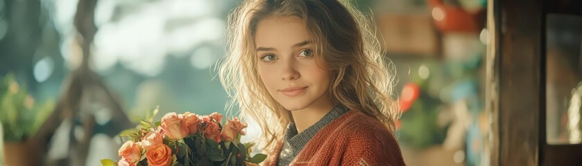 Naklejka premium Young Woman with Flowers in Cozy Natural Setting Smiling Beautifully