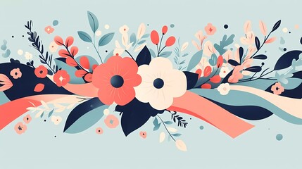Fototapeta premium Minimalist flat design for May Day, featuring abstract elements like flowers, ribbons, and a maypole, with a harmonious blend of soft blues, pinks, and greens, clean and elegant