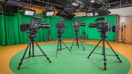Four professional cameras on tripods in a television studio with a green screen background.