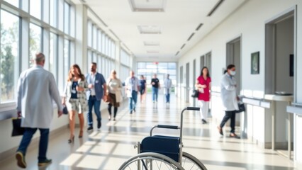 arafed view of a hospital hallway with a wheelchair and people