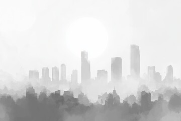 Fototapeta premium This captivating monochrome artwork features an urban skyline shrouded in mist, creating a tranquil atmosphere with a glowing sun. Ideal for various creative projects.