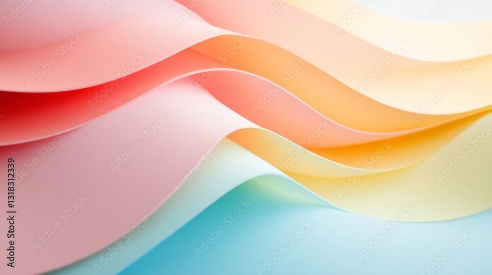 Poster soft pastel sheets in shades of pink, yellow, and blue gently flow and curl, creating a harmonious w