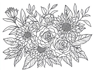 Fototapeta premium Elegant floral bouquet, line art, white background, coloring book page