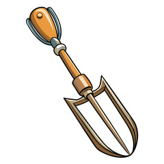 Close-up detailed image of a hand cultivator tool featuring three curved metal tines; focus on the tool's design and craftsmanship.