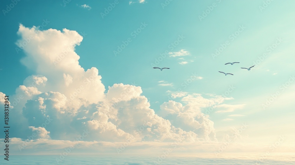 Aufkleber soft clouds drift across a vibrant blue sky as a few birds glide effortlessly. the tranquil atmosphe