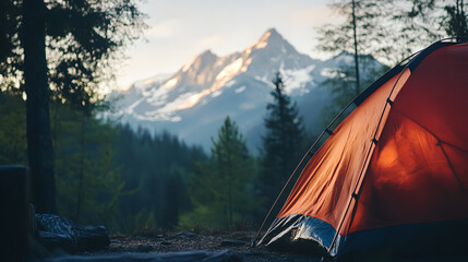 Red tent in the foreground with snowy mountains and forest in the background