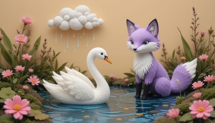Adorable Purple Fox and White Swan by a Pond under a Fluffy Cloud Rain