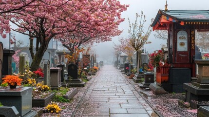 Tranquil Cemetery Pathway Surrounded by Cherry Blossom Trees