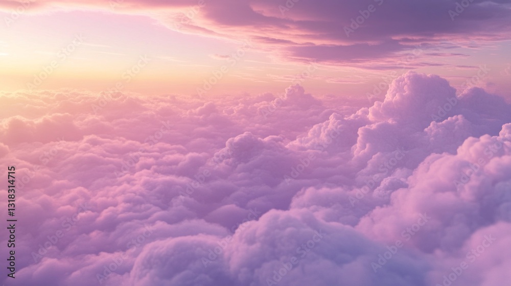 Poster soft waves of pink and purple clouds cascade across the sky, illuminated by the golden light of dawn