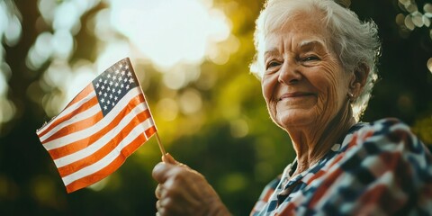 A senior citizen proudly holding a small flag in their hand