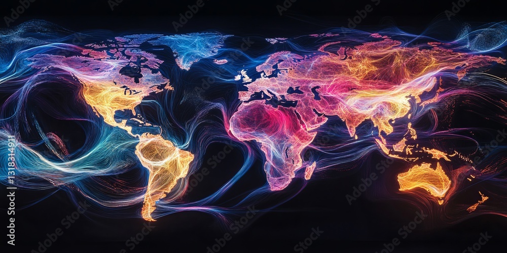 Poster this vibrant abstract world map features flowing lines and colorful patterns, showcasing a unique re