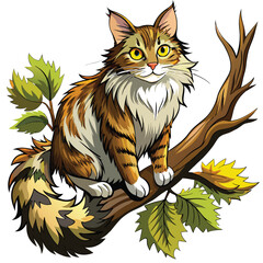 A majestic Norwegian Forest Cat gracefully ascends a sturdy tree branch, showcasing its long fur and powerful physique.