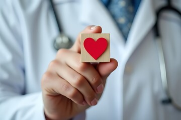 Healthcare professional holding heart symbol medical office photography indoor close-up compassion in medicine