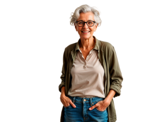 An elegant elderly woman with stylish gray hair and glasses smiles warmly. This image features a transparent background, perfect for various creative projects and marketing needs