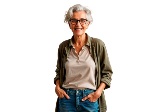 An elegant elderly woman with stylish gray hair and glasses smiles warmly. This image features a transparent background, perfect for various creative projects and marketing needs