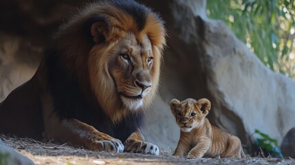 Obraz premium Lion Father and Cub near Rock Cave 